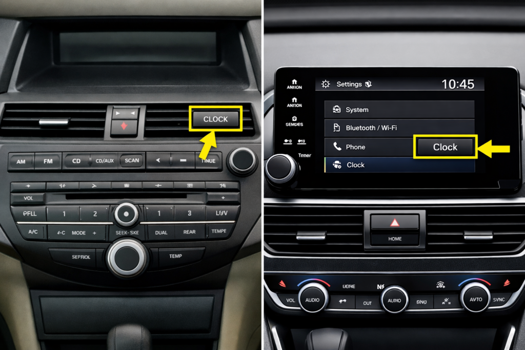 Honda Accord clock button location comparison showing older radio panel and newer infotainment menu highlighting where the clock setting is found.
