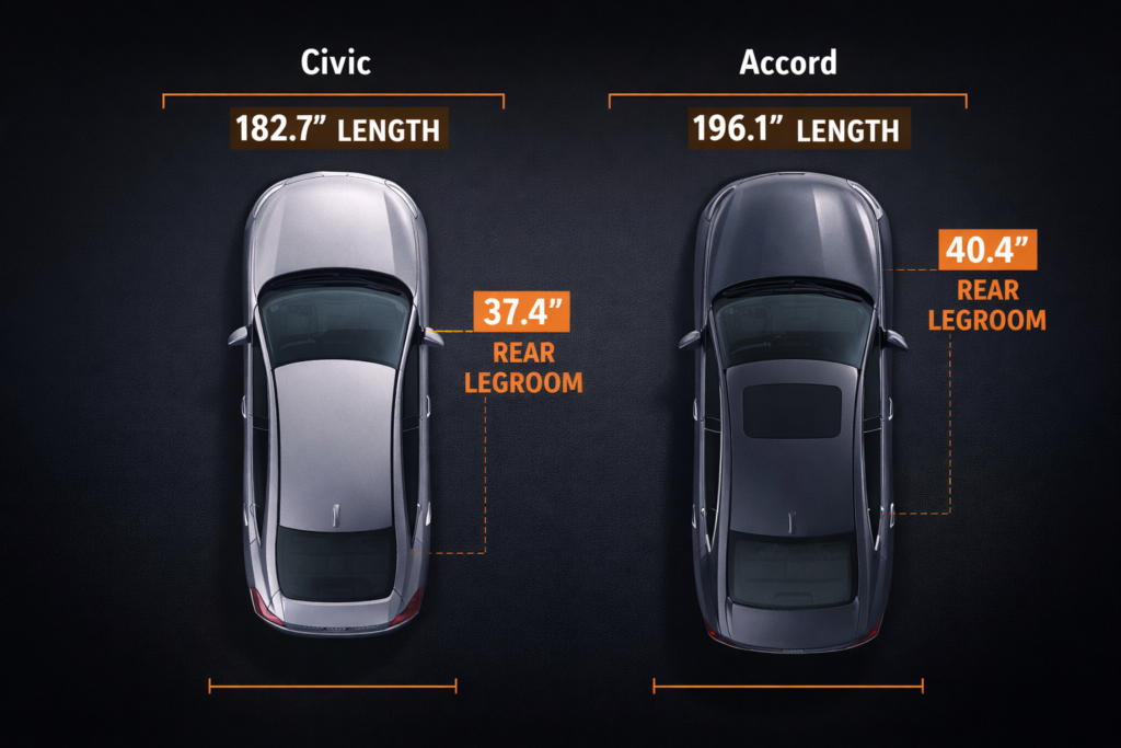 Which Car Is Bigger: Civic or Accord? top view size comparison showing Civic smaller length vs longer Accord with more rear legroom