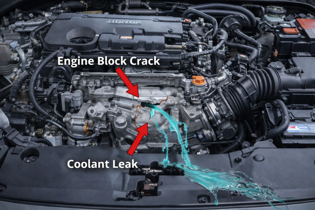 Diagnostic image explaining which Civic models have engine problems, showing a Honda Civic engine block crack with coolant leak path arrows.