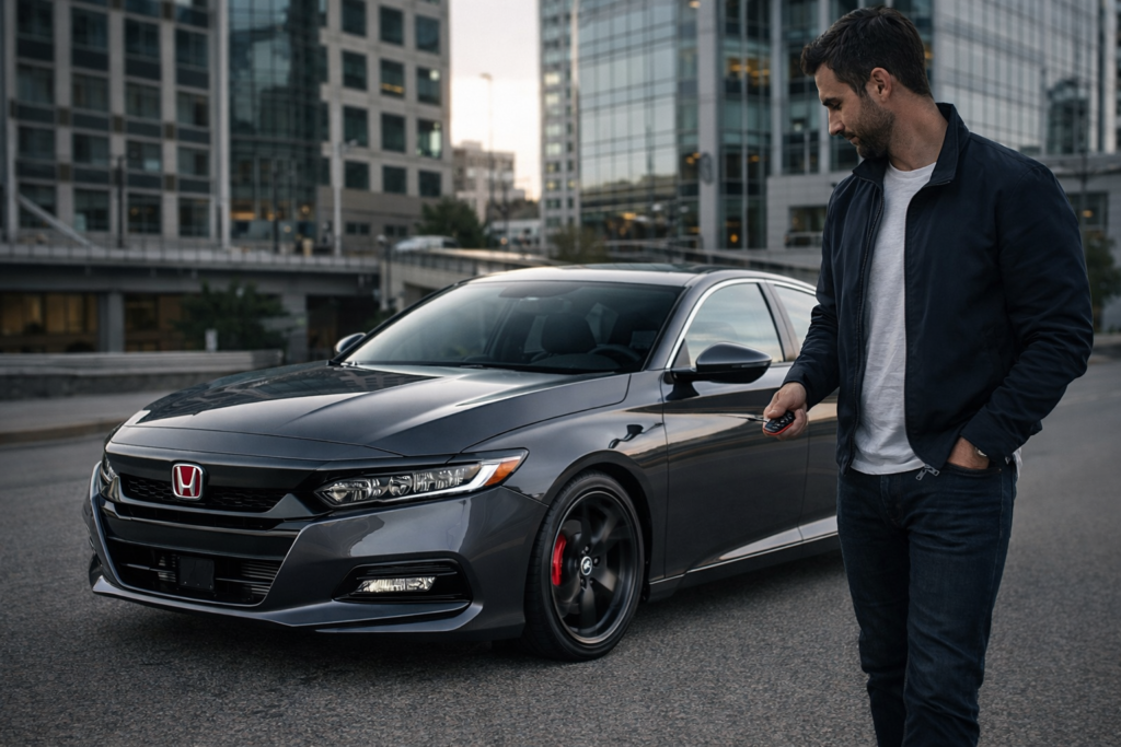 Lifestyle scene of a 2018–2022 Honda Accord 2.0T parked in a city, owner holding keys and preparing to drive.
