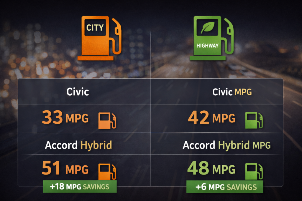 Which Has Better Fuel Economy? infographic showing Civic city vs highway MPG and Accord Hybrid higher fuel savings comparison