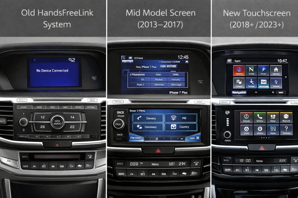 Comparison showing **which Honda Accord model you have**, with old HandsFreeLink system, 2013–2017 screen, and newer touchscreen layouts.
