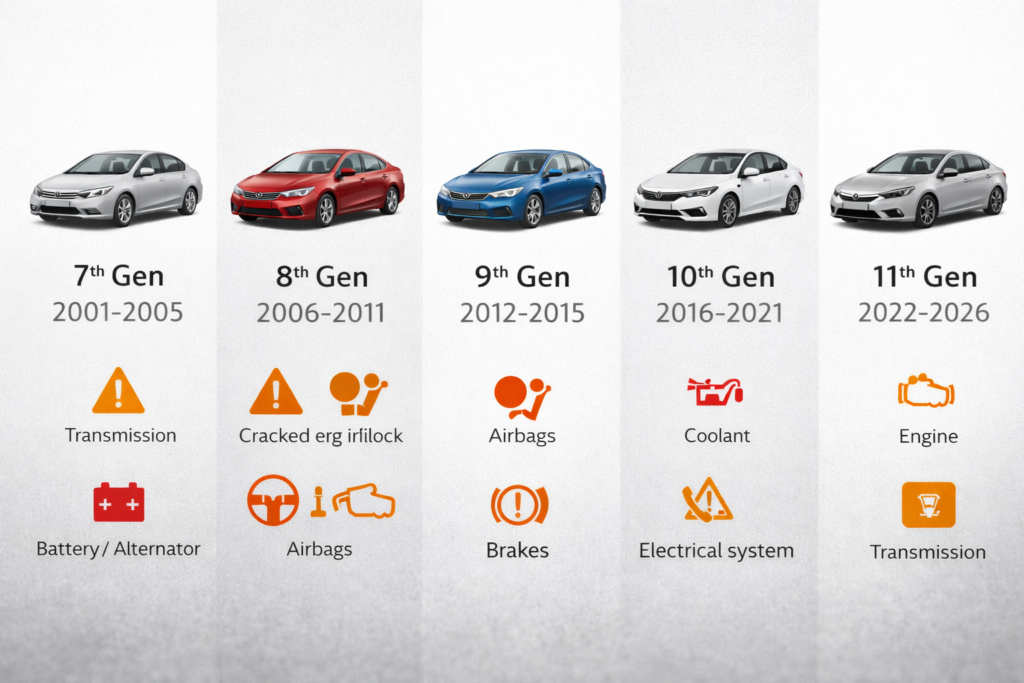 Comparison chart explaining which Honda Civic generation has the most problems, showing 7th–11th gen Civics with issue warning icons.