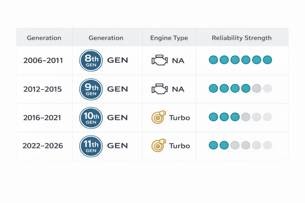 Which Honda Civic Years Are the Most Reliable? Infographic table showing 2006–2026 generations, engine types, and ratings.