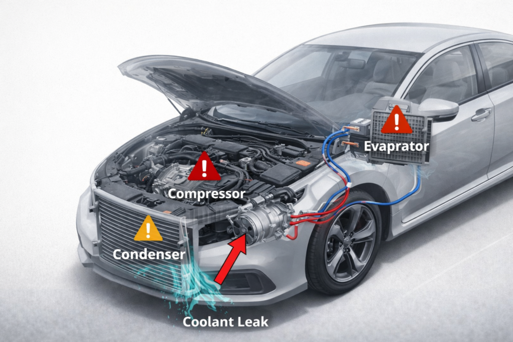 Diagram explaining which Honda Civic years have AC problems, highlighting condenser, compressor, and evaporator failure points.