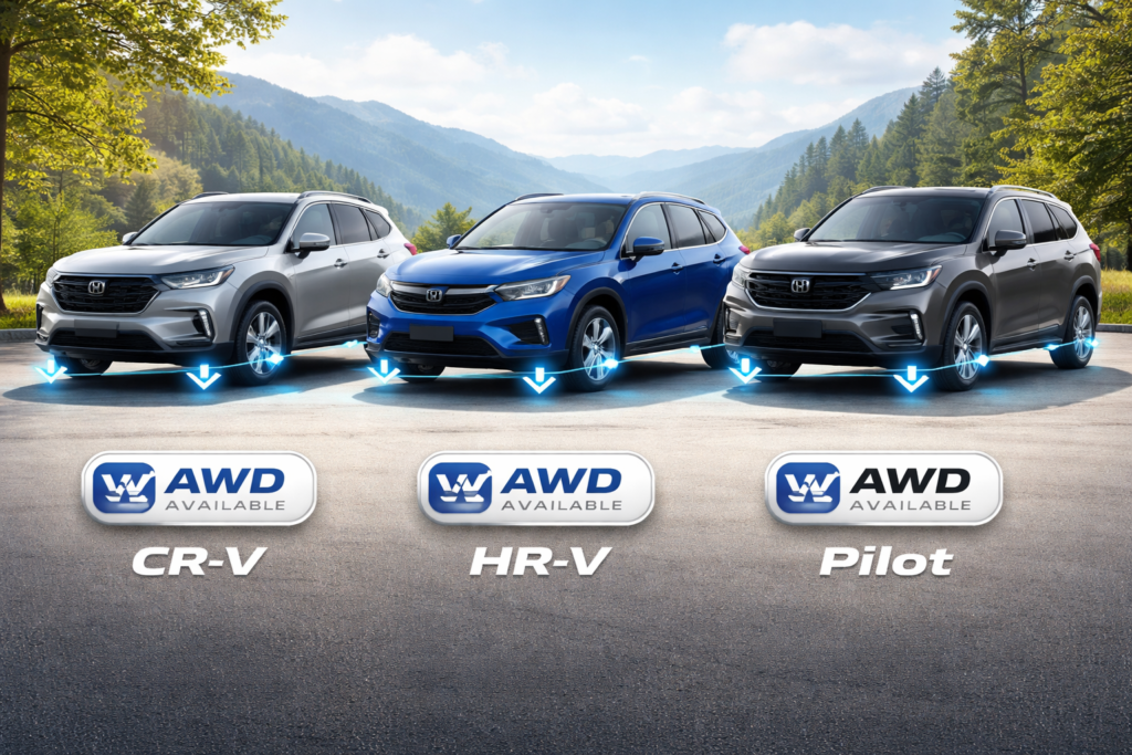 Honda AWD models comparison showing CR-V, HR-V, and Pilot with AWD available badges and arrows indicating power to all wheels
