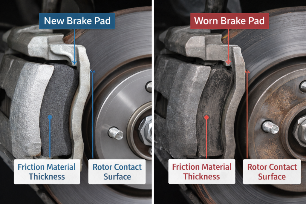 **Alt Text:**
Brake pad wear comparison showing new vs worn pads with reduced friction material and rotor contact surface explaining why Honda Accord brakes wear out faster.
