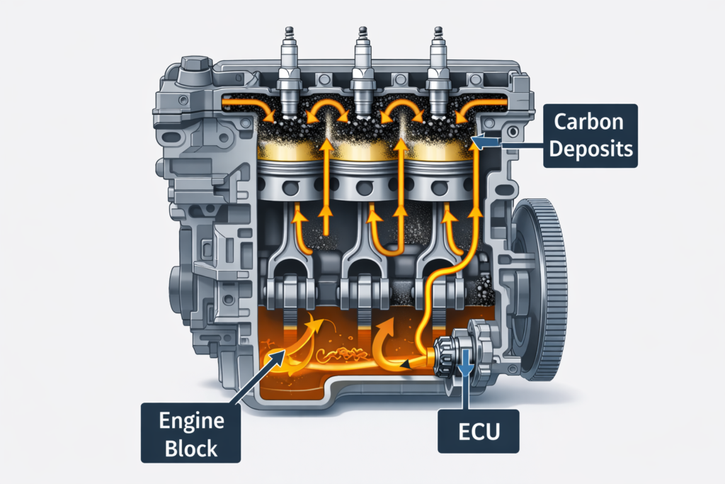 **Alt text (125 characters):**
Engine cutaway diagram showing oil flow, spark plugs, and carbon buildup to explain **why some Honda Accords develop engine problems**.
