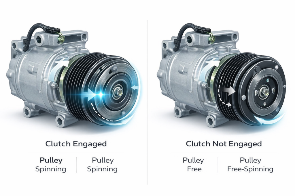 Why Does My Honda Accord AC Work Intermittently? Diagram showing AC compressor clutch engaged vs not engaged with pulley spinning comparison.
