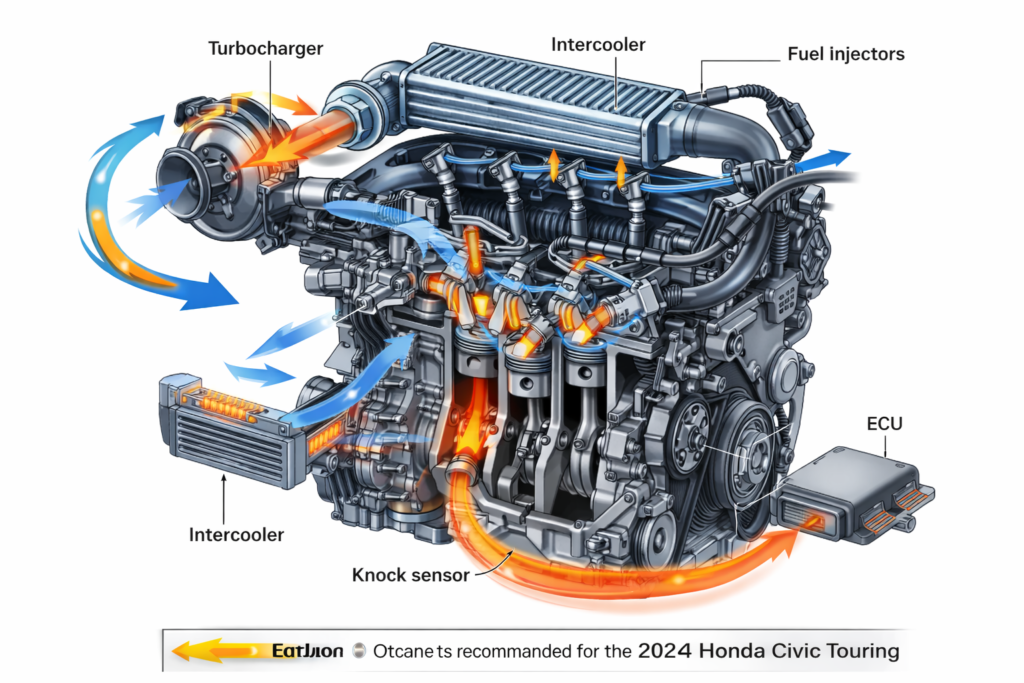 Cutaway diagram explaining **Why Does the Civic Touring Turbo Engine Run on Regular Gas**, showing turbocharger, intercooler, ECU and airflow.
