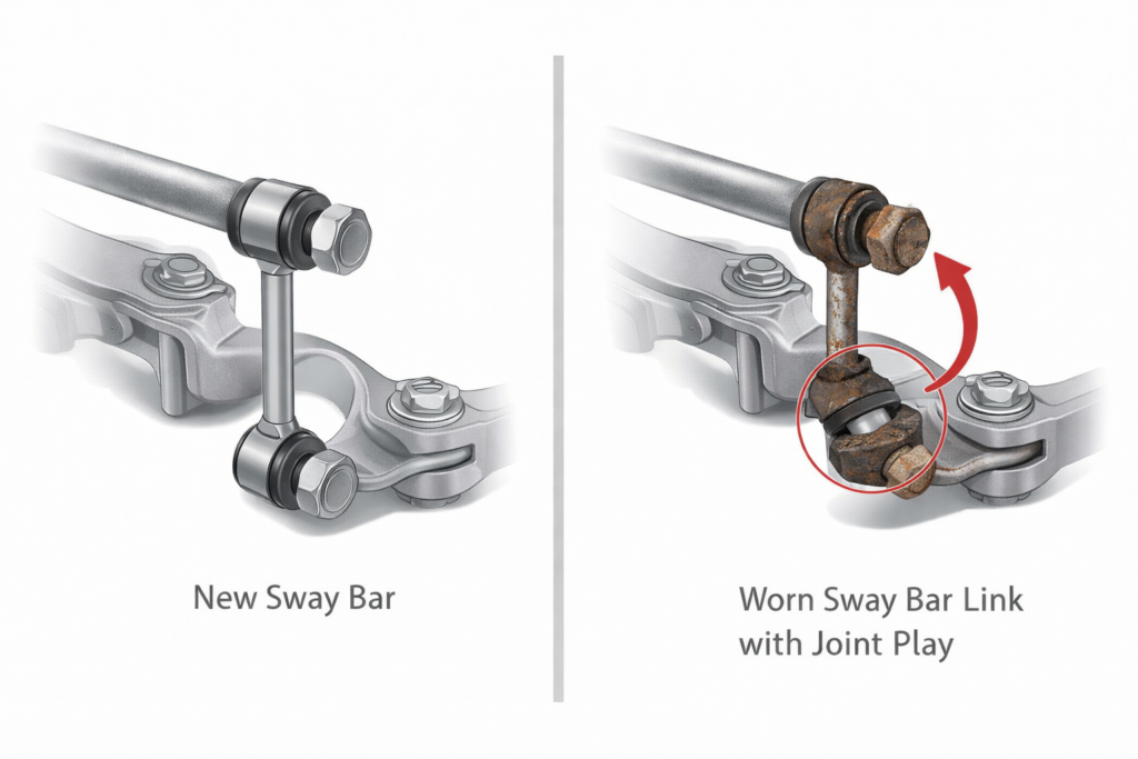 Worn vs new sway bar link diagram showing loose ball joint play, explaining why the Honda Accord suspension makes noise.
