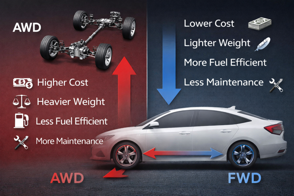 Infographic showing why Honda Civic uses FWD over AWD, highlighting lower cost, lighter weight, better fuel efficiency benefits
