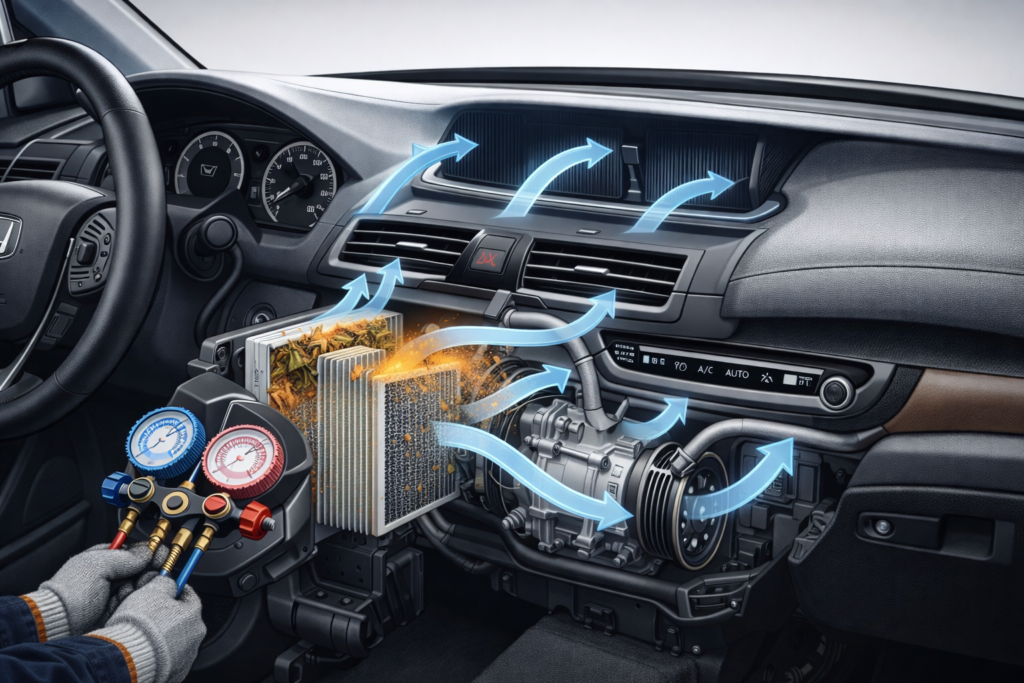 Why Is My Honda Accord AC Not Blowing Air? Dashboard HVAC cutaway showing blower motor, clogged cabin air filter, evaporator core and airflow arrows
