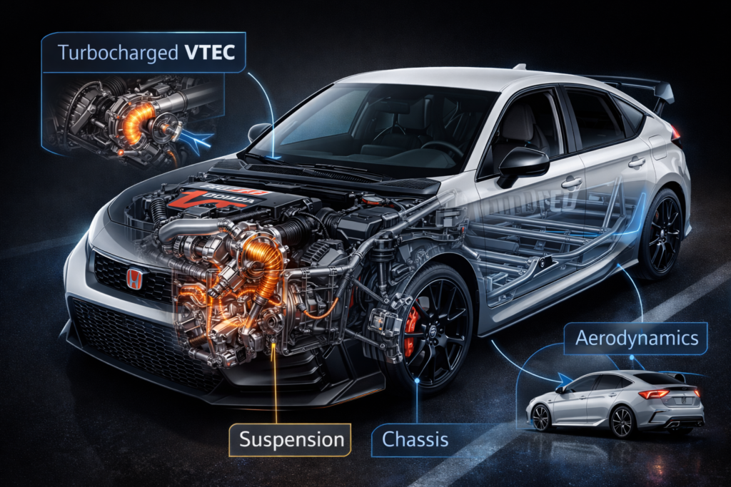 Cutaway illustration explaining why the Civic Type R is the fastest Civic, showing turbocharged VTEC engine, chassis, suspension, and aero.
