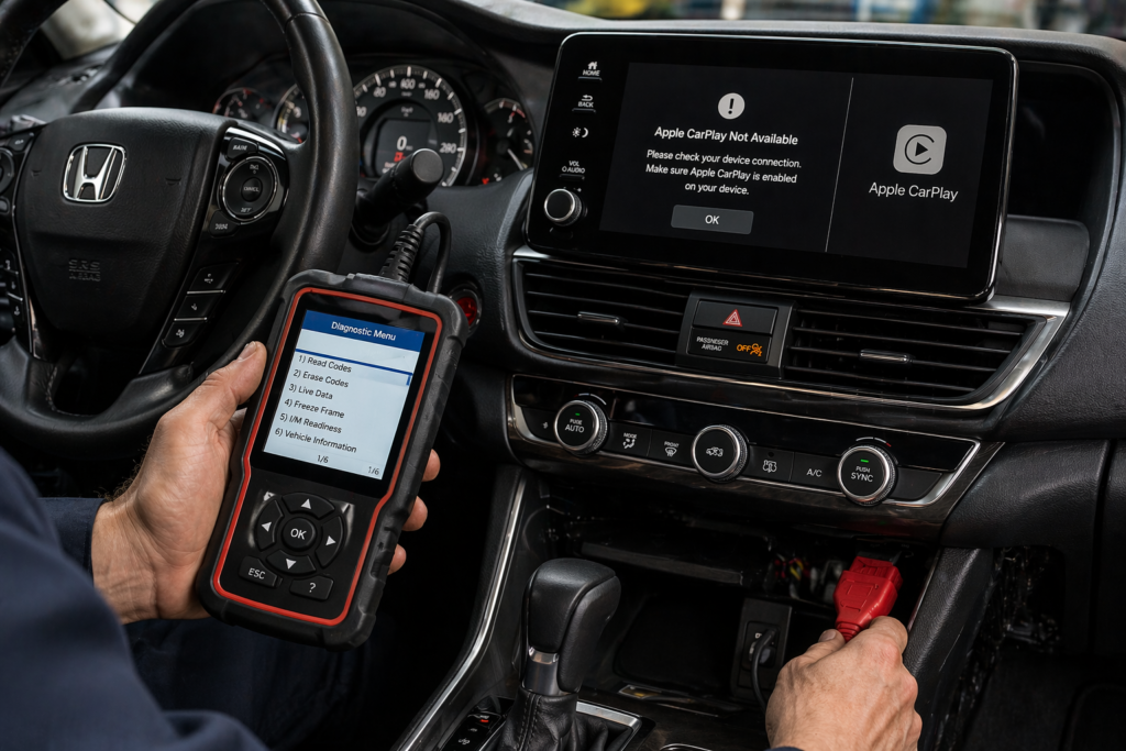 Honda Accord diagnostic scan with OBD tool connected, troubleshooting Honda Accord Apple CarPlay Not Working issue inside car dashboard