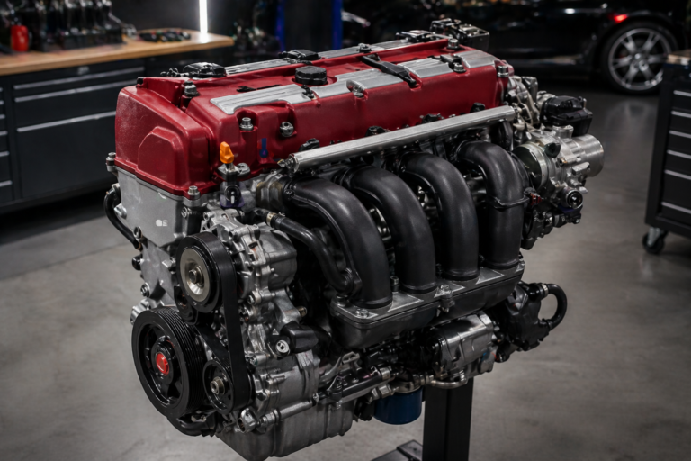 Close-up of Honda K20 engine in clean workshop, highlighting VTEC details and metallic finish, often called the best Honda Civic engine ever made