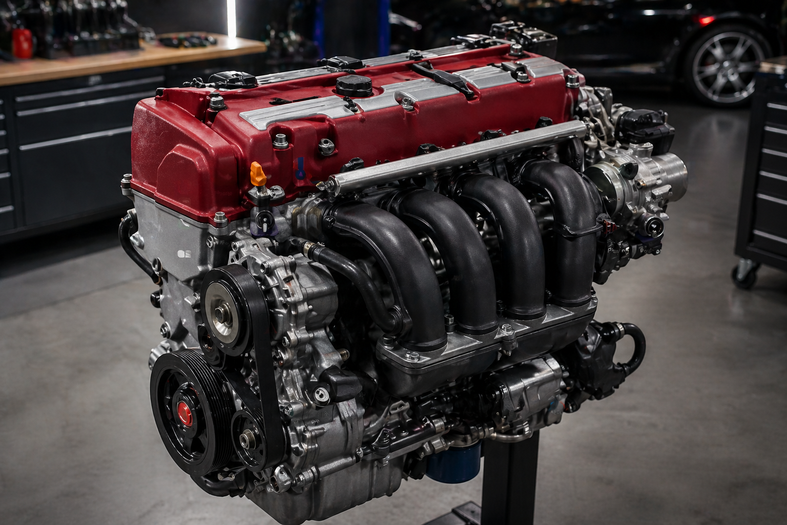 Close-up of Honda K20 engine in clean workshop, highlighting VTEC details and metallic finish, often called the best Honda Civic engine ever made