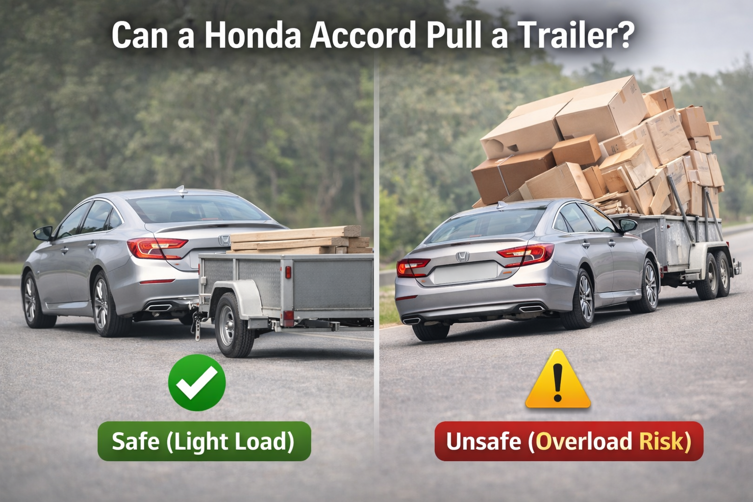Can a Honda Accord pull a trailer showing safe light load towing vs overloaded unstable trailer comparison with warning risk indicator