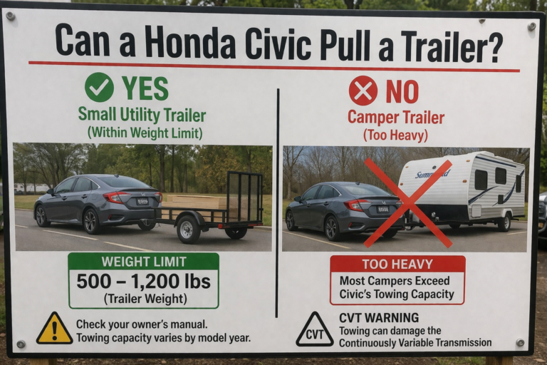 Can a Honda Civic Pull a Trailer? infographic shows sedan towing small trailer vs camper crossed out, 500–1200 lb limit