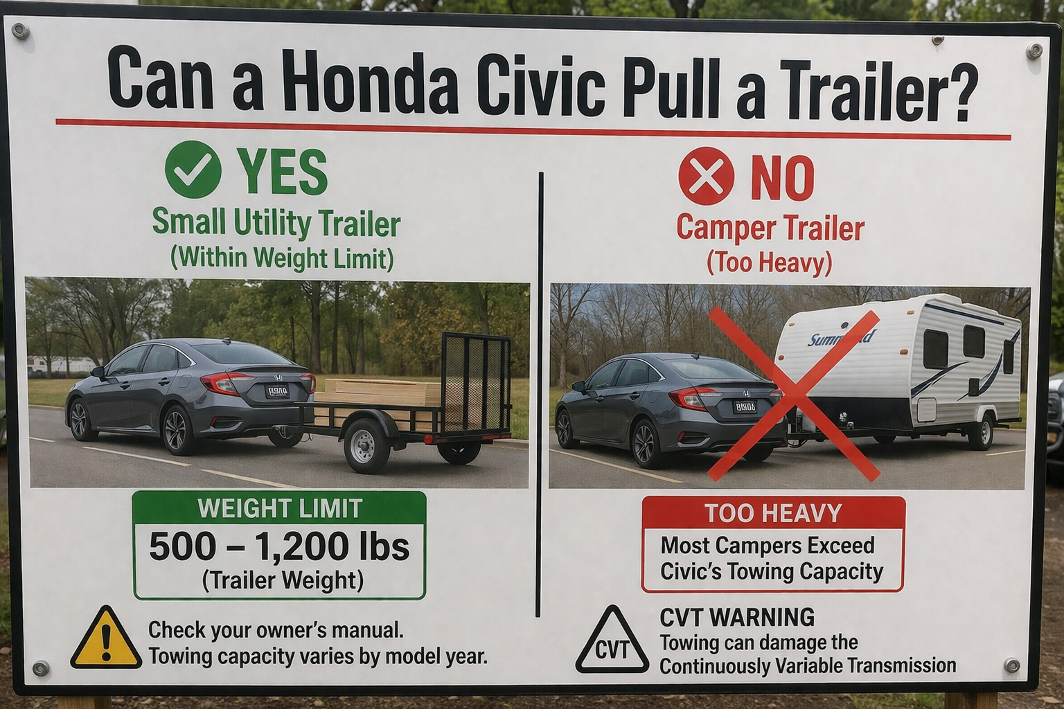 Can a Honda Civic Pull a Trailer? infographic shows sedan towing small trailer vs camper crossed out, 500–1200 lb limit