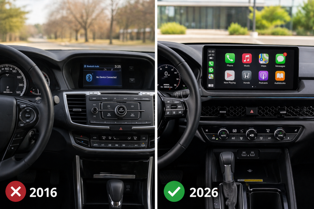 Honda Accord 2016 vs 2026 dashboard comparison showing Apple CarPlay compatibility difference, common Honda Accord Apple CarPlay Not Working issue
