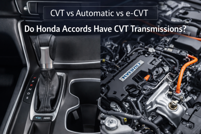 Do Honda Accords Have CVT Transmissions? comparison showing CVT gear shifter and hybrid e-CVT engine system side by side