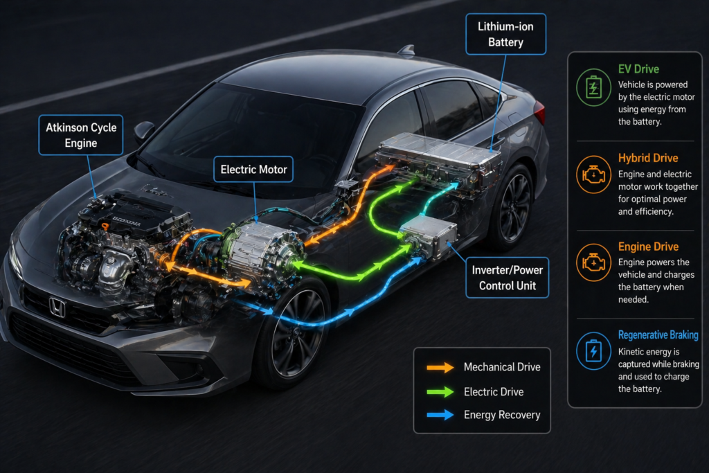 Does the Honda Civic Have a Hybrid Engine? diagram showing engine electric motor battery and energy flow in Civic hybrid system