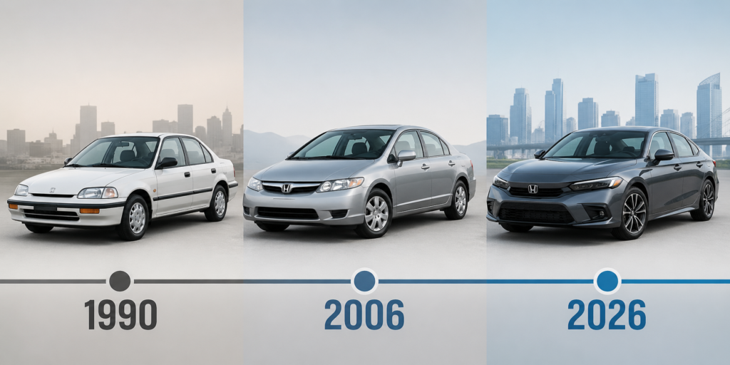 Honda Civic size evolution from 1990 to 2026 showing how this compact car has grown bigger and closer to midsize over time
