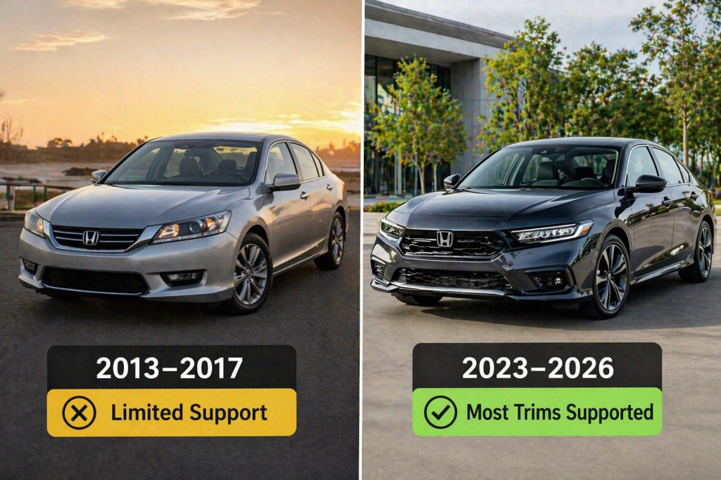 Honda Accord models that come with remote start comparison showing 2013–2017 limited support vs 2023–2026 most trims supported
