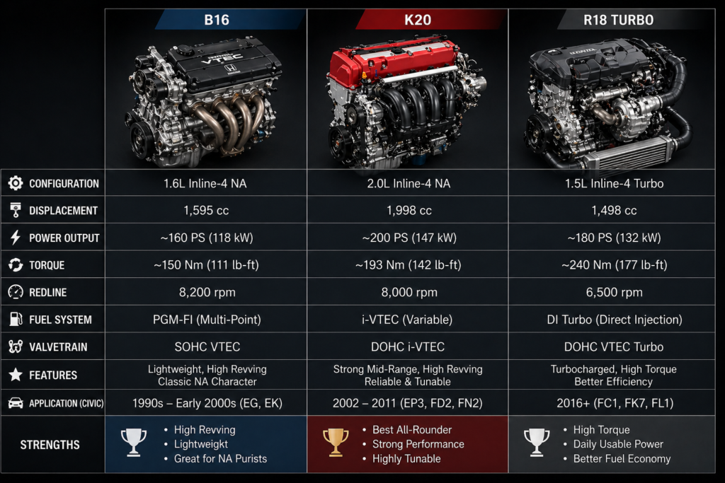 Honda Civic engine comparison chart showing B16, K20, and R18 turbo with specs, performance, and design differences side by side

