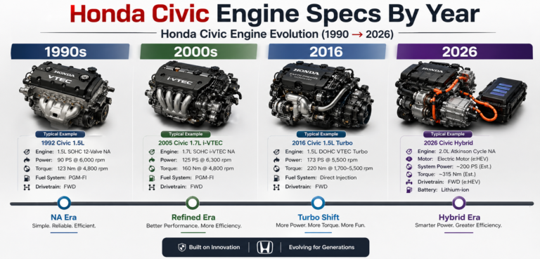 Honda Civic Engine Specs By Year timeline showing 1990s NA, 2000s refined, 2016 turbo, 2026 hybrid engine phases visual chart
