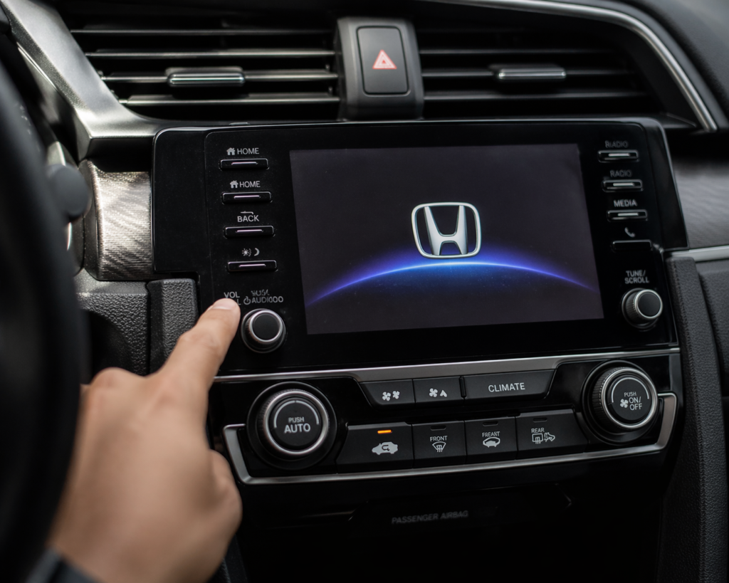Honda infotainment system reboot screen with dashboard close-up and hand pressing reset button showing common infotainment issues in car