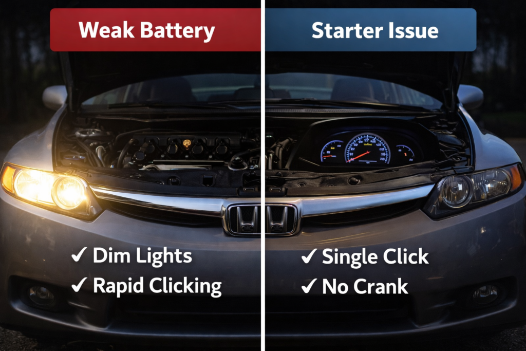Side-by-side car starting issue comparison showing weak battery vs starter problem with dim lights, clicking sounds, and no crank symptoms