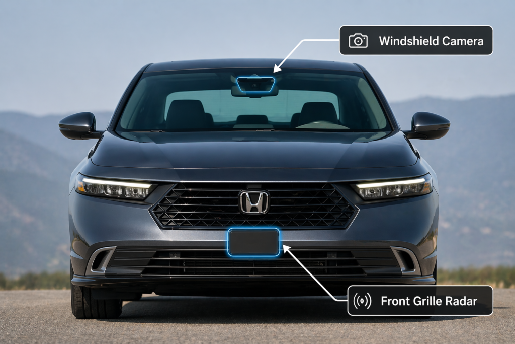 Honda Accord front view showing radar sensor in grille and windshield camera location with arrows for driver assist system visibility
