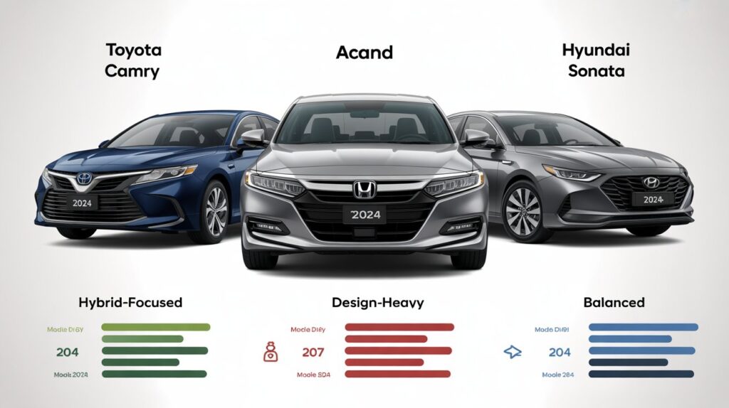 2024 Honda Accord vs Toyota Camry and Hyundai Sonata comparison showing hybrid, design, and balanced sedan trends.