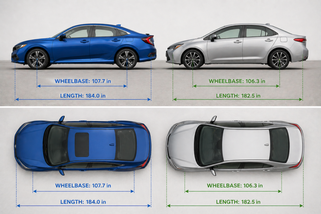 Honda Civic vs Toyota Corolla side and top view comparison showing wheelbase difference and overall length for size comparison clarity
