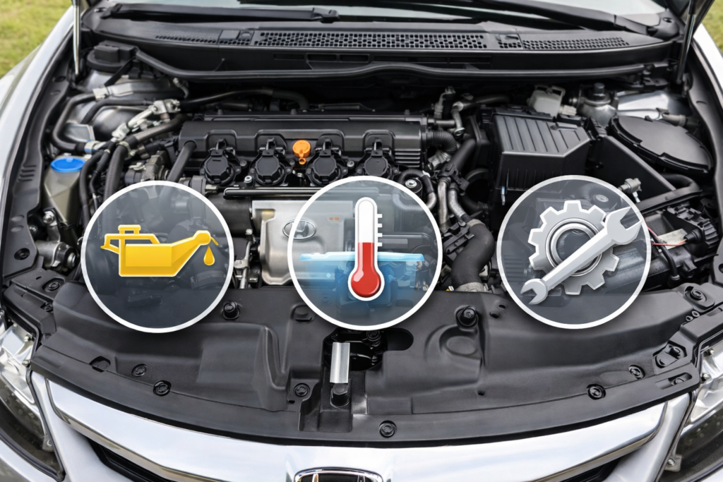 Honda Civic engine bay showing clean layout with oil, cooling, and maintenance icons highlighting engine longevity and proper care practices
