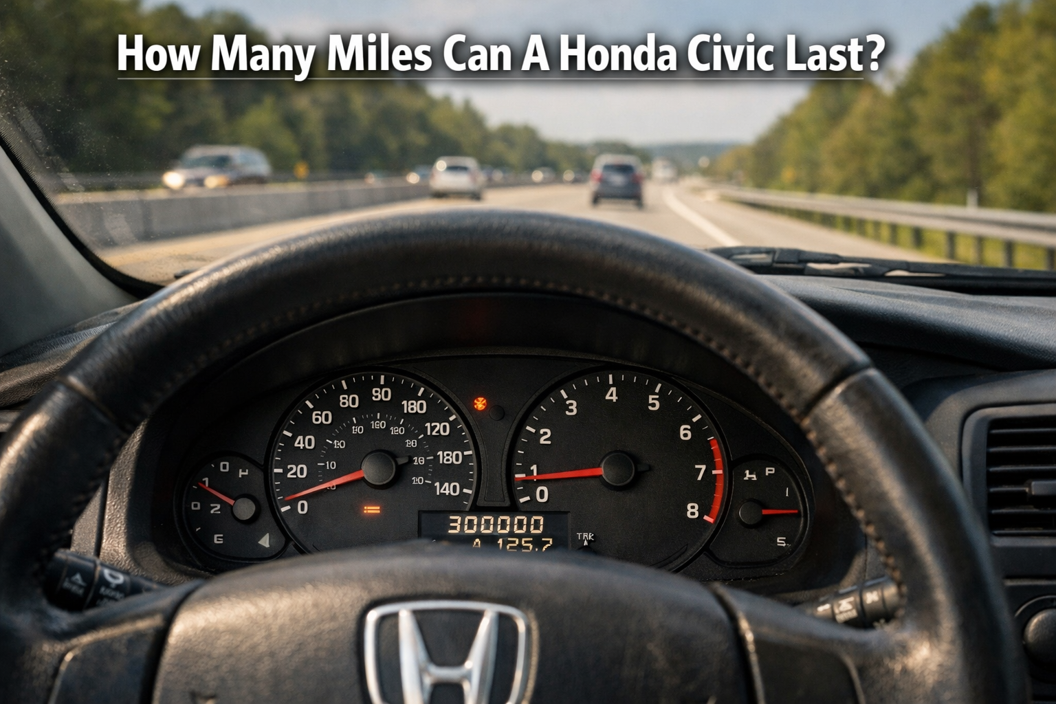 Honda Civic dashboard hitting 300,000 miles on highway drive, showing real durability—How Many Miles Can A Honda Civic Last?