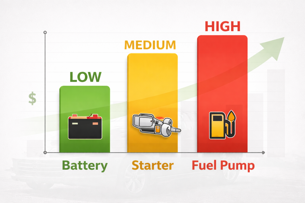 Repair cost chart for Honda Accord not starting showing battery low cost, starter medium and fuel pump high cost comparison