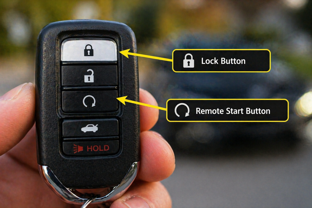How to Auto Start a Honda Accord with a Key Fob close-up showing lock and remote start buttons with arrows highlighting functions
