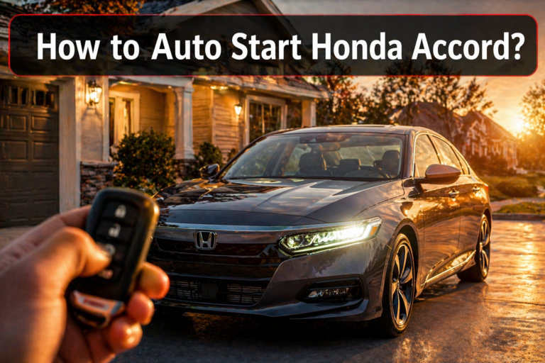 How to Auto Start Honda Accord? Remote start in action with headlights on and key fob in hand outside a house in warm morning light