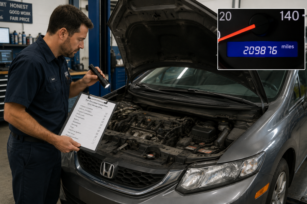 Mechanic inspecting a high-mileage Honda Civic before purchase to evaluate engine condition and long-term reliability