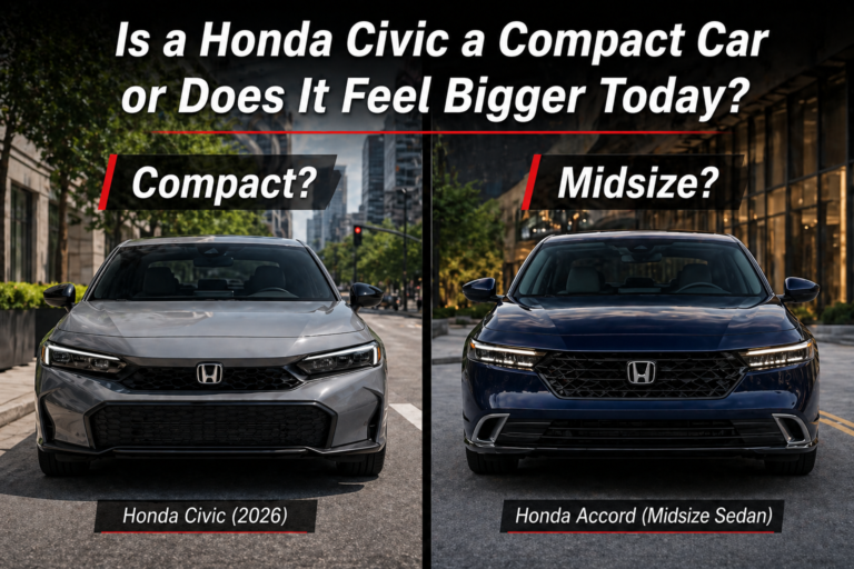 Side by side Honda Civic 2026 vs Accord showing size comparison, asking is a Honda Civic a compact car or does it feel bigger today