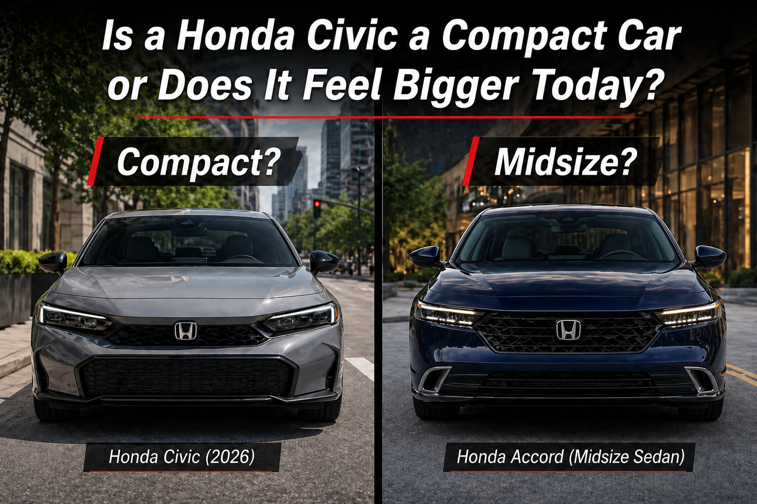 Side by side Honda Civic 2026 vs Accord showing size comparison, asking is a Honda Civic a compact car or does it feel bigger today