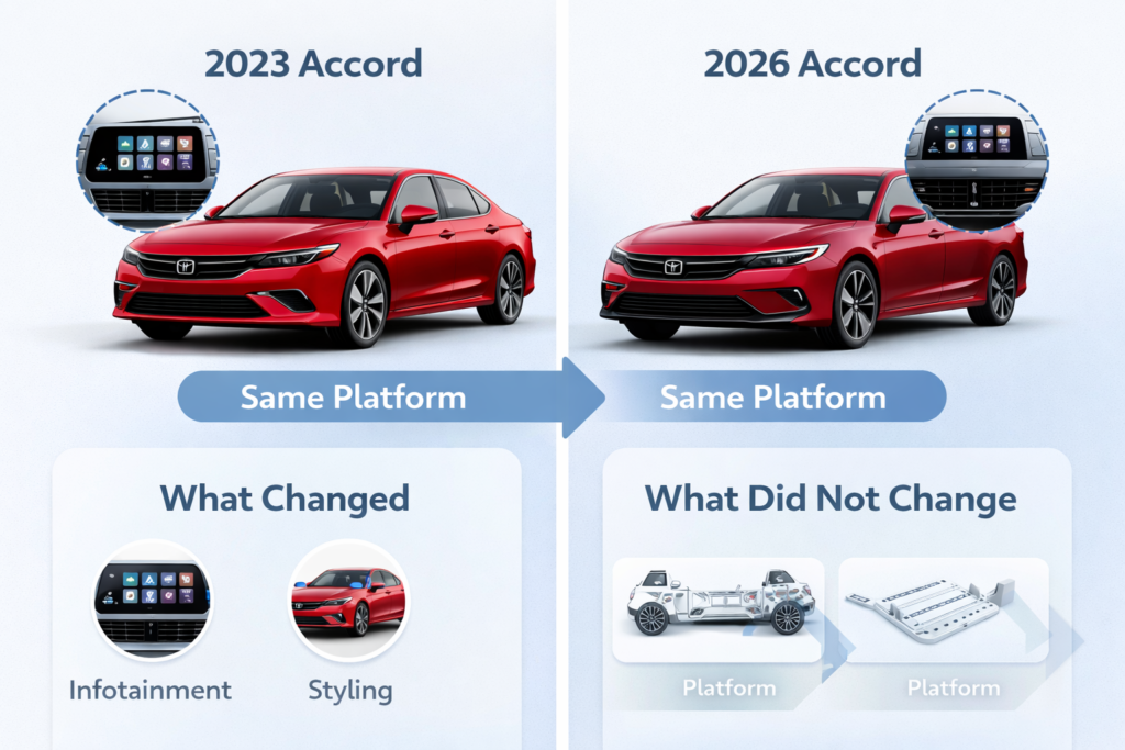 Is the 2026 Honda Accord a Redesign or Just a Refresh? side by side showing styling tweaks, infotainment update and same platform
