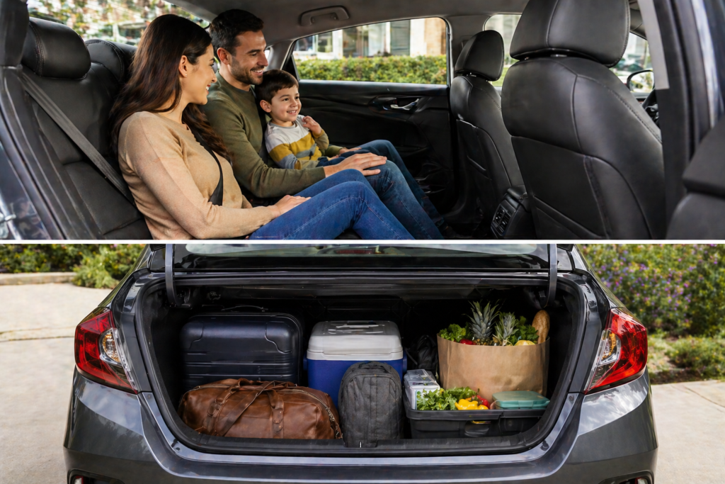 Honda Civic interior rear seat space with family and trunk loaded with luggage showing practical space and everyday usability
