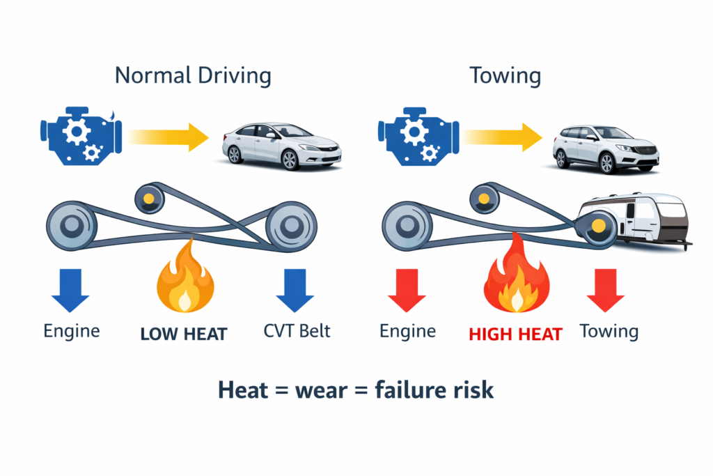 CVT transmission diagram showing heat buildup under towing load vs normal driving, highlighting wear and failure risk in CVT systems
