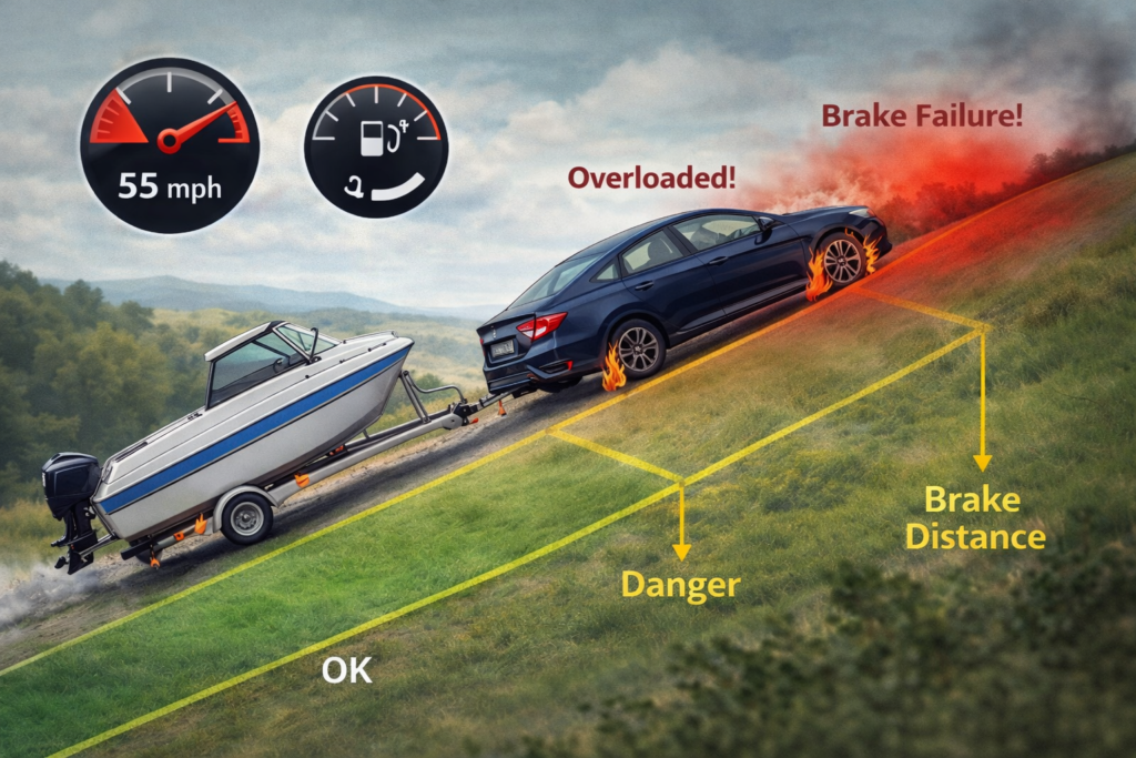 Is towing with a Honda Civic safe? Civic pulling small boat uphill with brake distance lines, showing load risk and fuel impact icons
