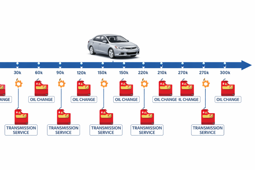 Honda Civic maintenance timeline from 0 to 300k miles showing oil changes and transmission service for long engine life
