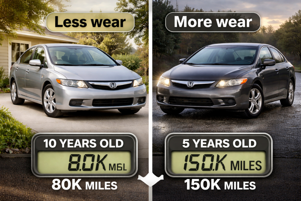 Mileage vs years comparison showing 10-year-old Honda Civic at 80k miles (less wear) vs 5-year-old Civic at 150k miles (more wear)
